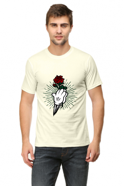 Men's Cartoon Hand Holding Red Rose Graphic T-shirt