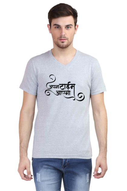 Men's V-Neck Hindi "Apna Time Aayega" Graphic T-shirt