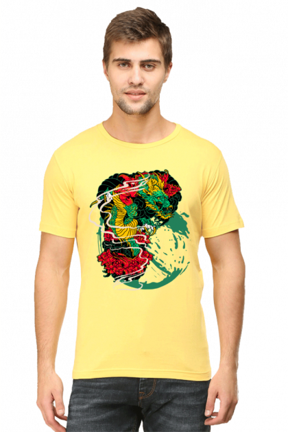 Men's Graphic T-shirt with Japanese Dragon and Floral Design