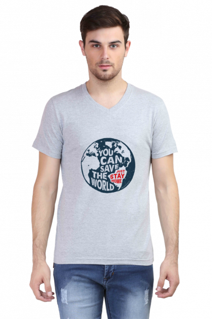 Men's White V-Neck "You Can Save The World Just Stay Home" Graphic T-shirt