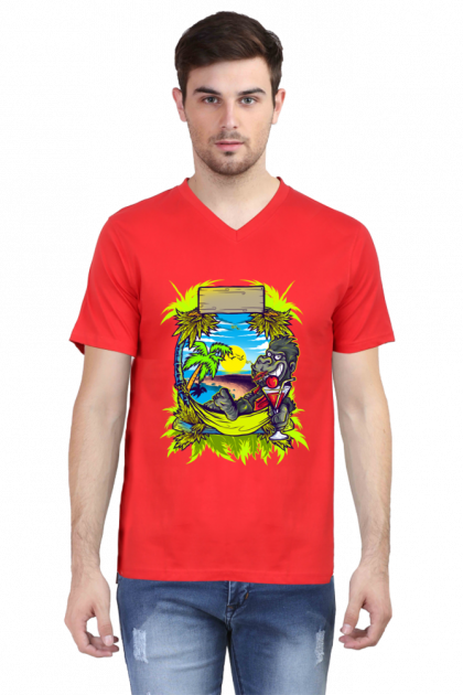 Men's Black V-Neck Relaxed Gorilla Beach Graphic T-shirt